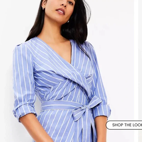 LOFT Blue and White Striped Long Sleeve Dress Twisted Midi NO BELT NWT size 12 - Picture 10 of 10
